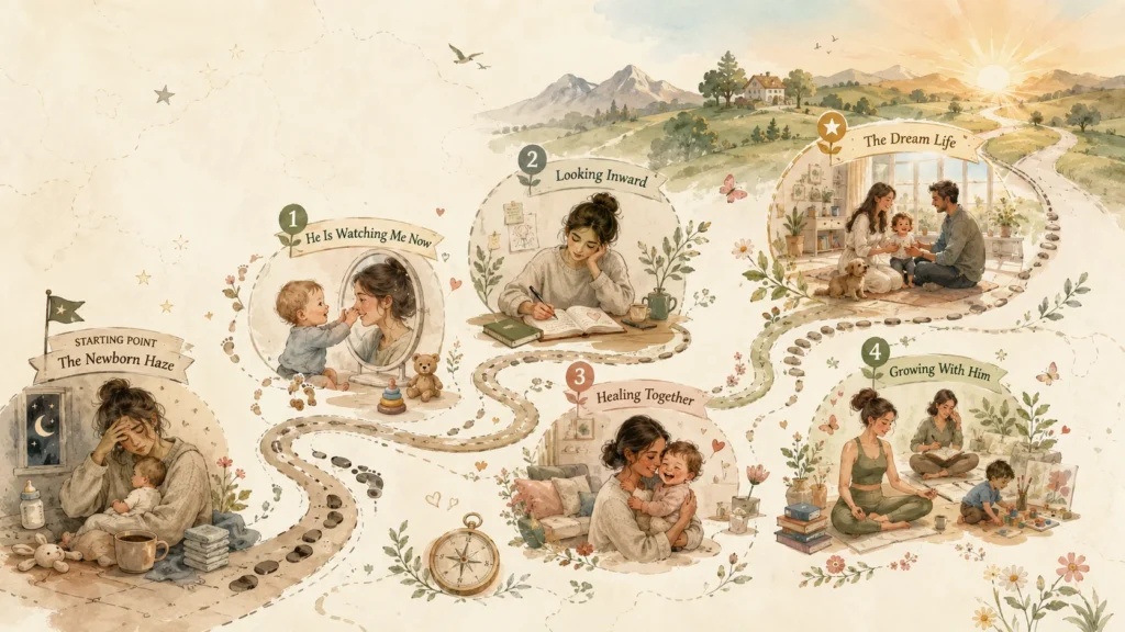 Illustrated motherhood journey roadmap showing the stages from the newborn haze to healing, personal growth, mindful parenting, and a hopeful future with a growing child.