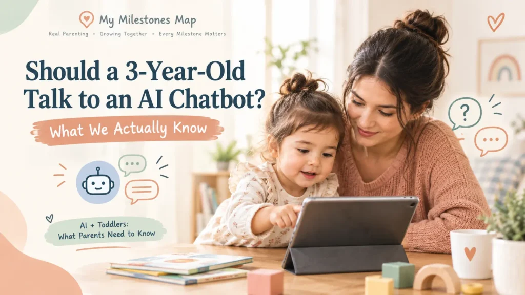 Three-year-old child talking to an AI-enabled toy while a parent watches nearby